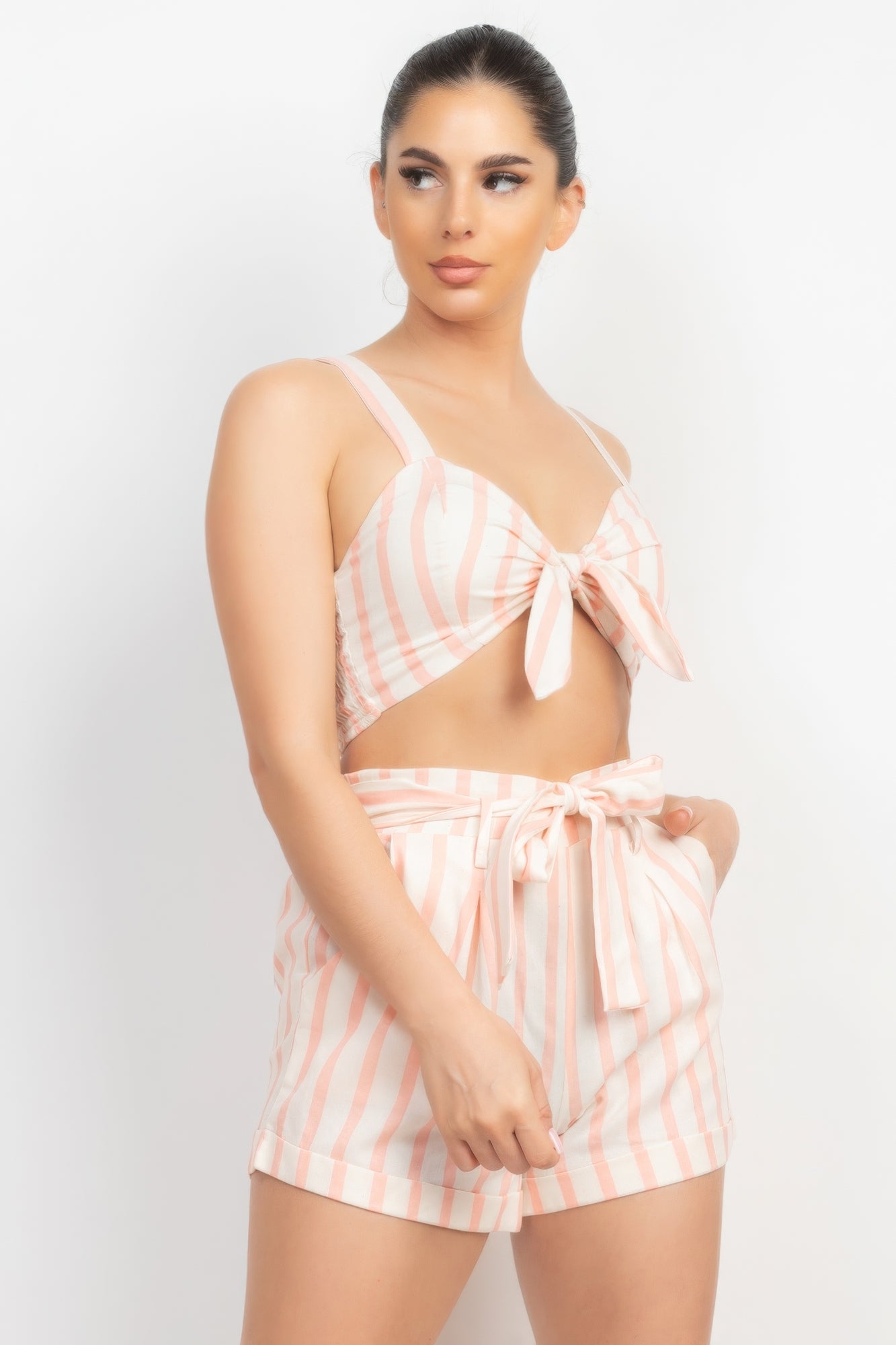 Tie-front Striped Crop Top & Belted Shorts Set