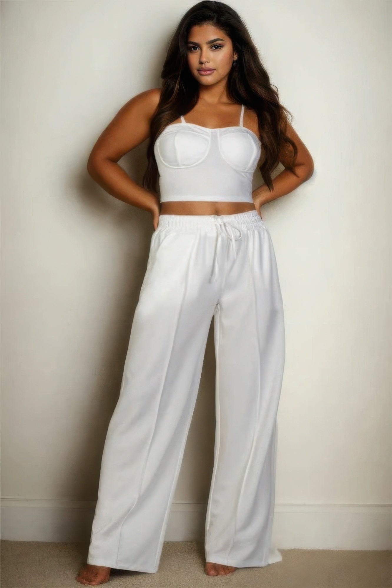 Plus Bustier Crop Cami Top & Slant Pocket Straight Pants