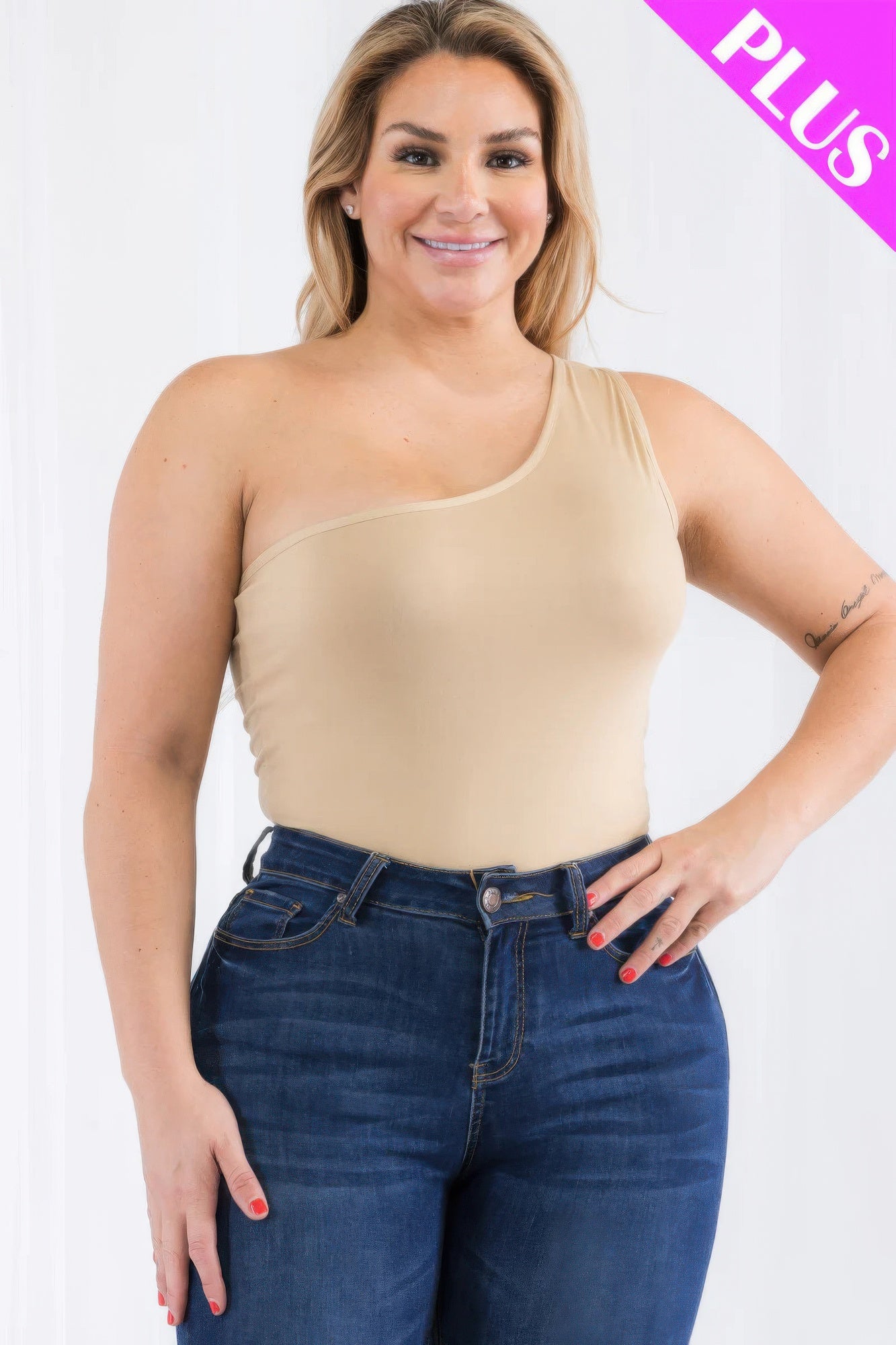 Plus size one shoulder solid casual bodysuit