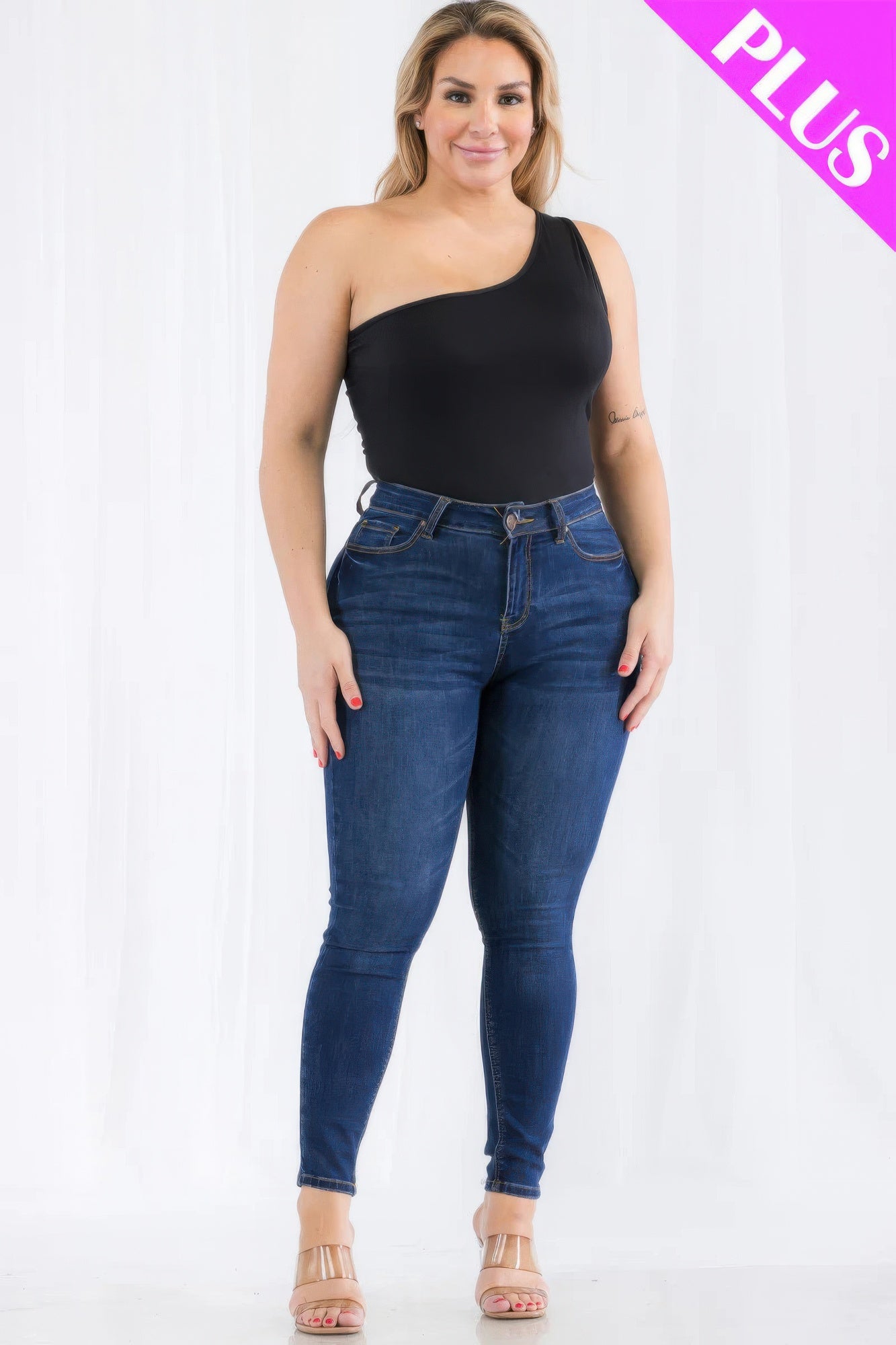 Plus size one shoulder solid casual bodysuit