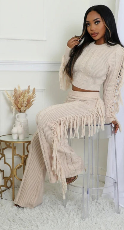 Detailed Frill Pants Set - Beige & Brown