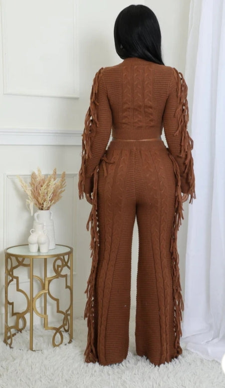 Detailed Frill Pants Set - Beige & Brown