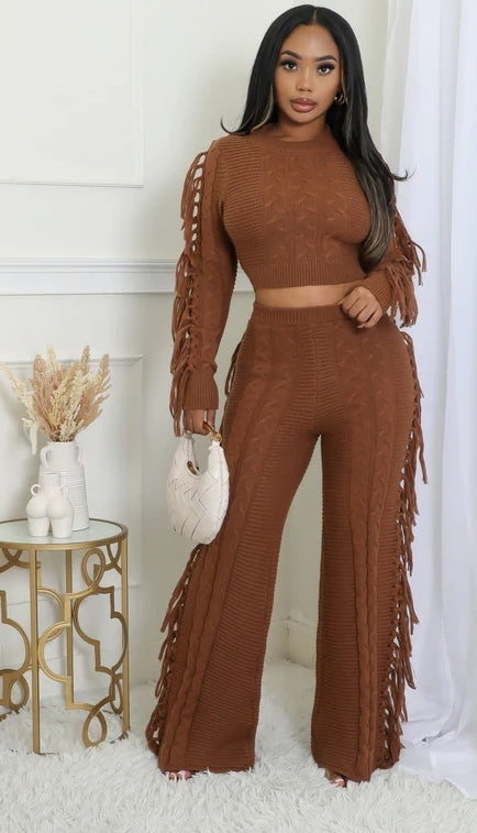 Detailed Frill Pants Set - Beige & Brown