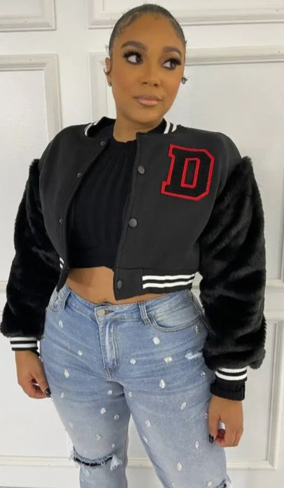 D Cropped Varsity Jacket w/Fur Sleeves