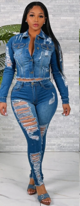 Heavy Ripped Denim Jacket & Pants Set