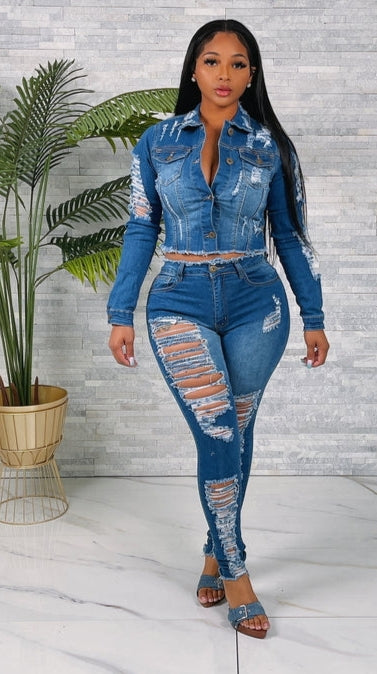 Heavy Ripped Denim Jacket & Pants Set