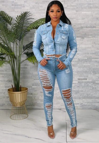 Heavy Ripped Denim Jacket & Pants Set