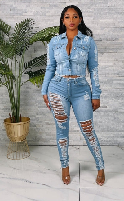 Heavy Ripped Denim Jacket & Pants Set